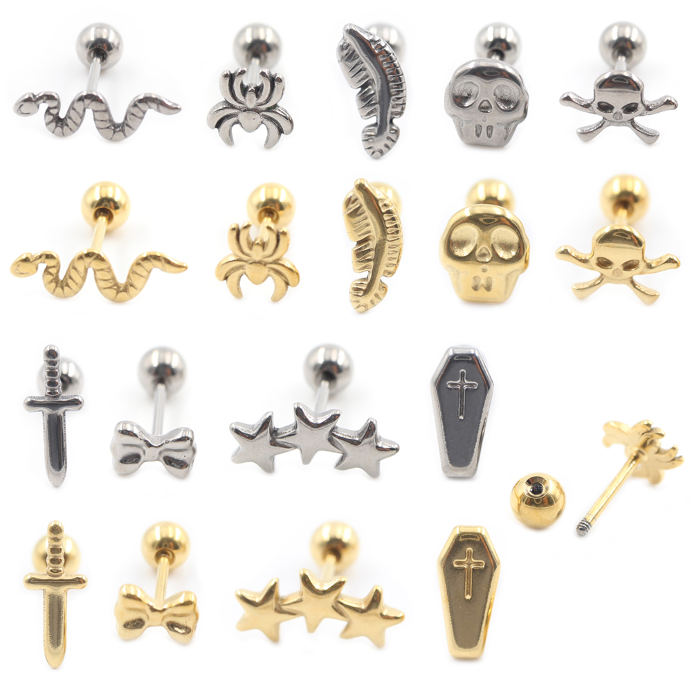 Helix Cartilage Ring - 2er-Set Titan-Ohrstecker mit Kreuz-, Spinnen-, Schlangen-,