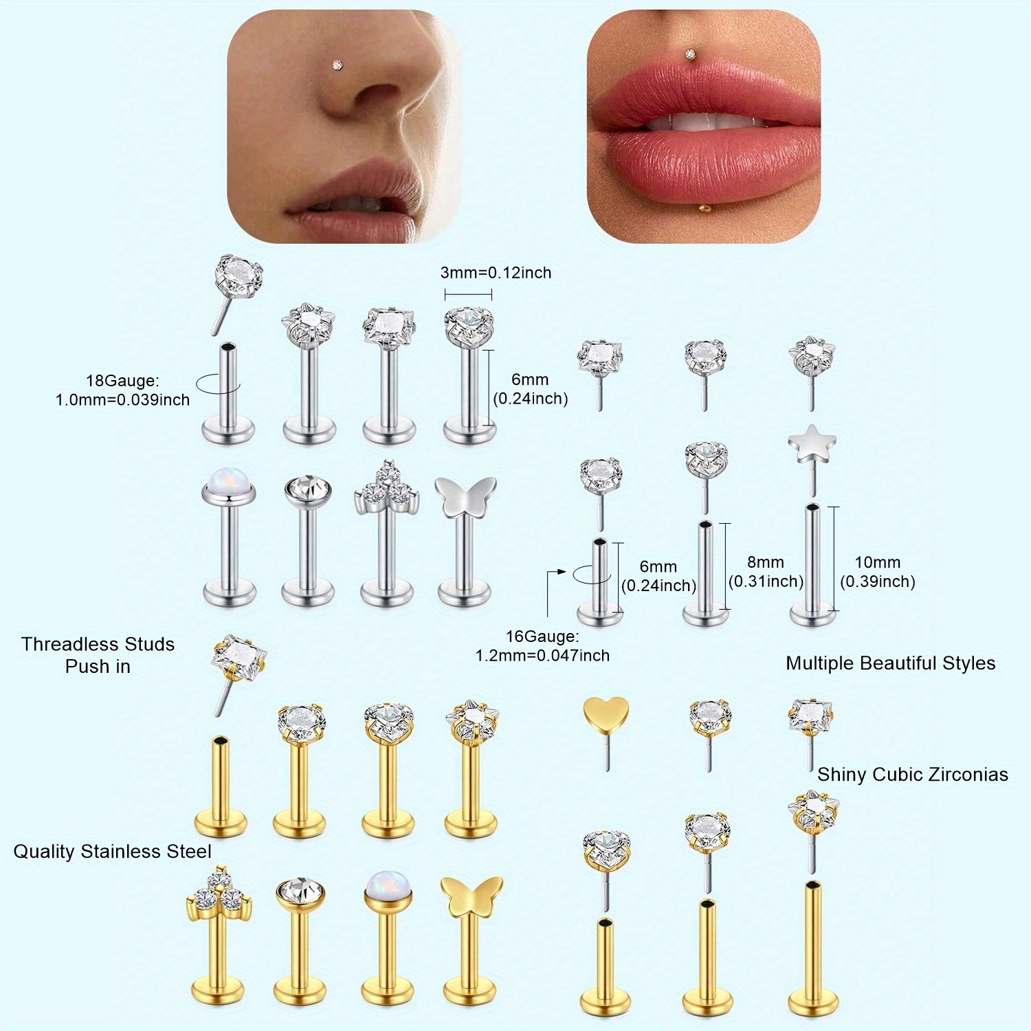 16G 18G Push-in-Nasenringe ohn – Body Jewelry Threadless Bewertung und Preis